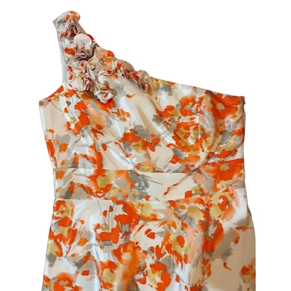 Tahari ASL Spring Floral Dress Sz 10 Ivory Orange Gray Gold Shimmer Silky - Picture 2 of 5